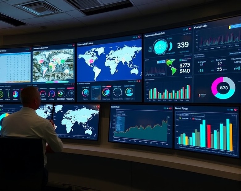 Monitoring centre showing the status of a terminal fleet