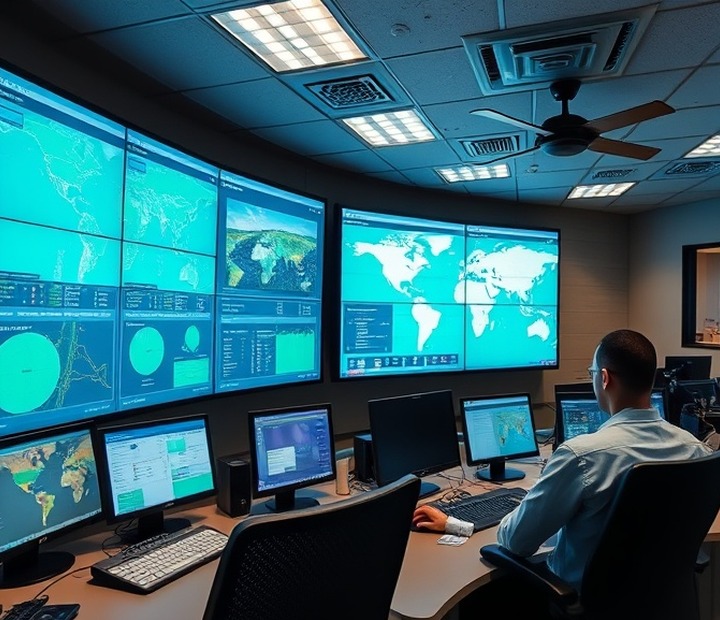 Monitoring centre showing the status of a terminal fleet